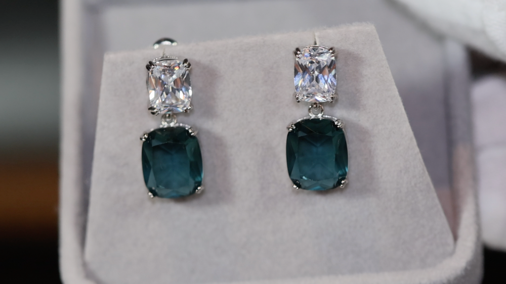 
            
                Load image into Gallery viewer, Teal blue diamond earrings | Green Diamond Earrings | Blue Diamond Earrings
            
        