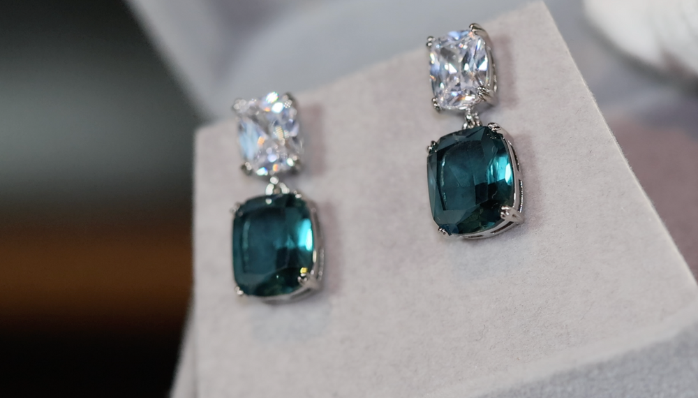 
            
                Load image into Gallery viewer, Teal blue diamond earrings | Green Diamond Earrings | Blue Diamond Earrings
            
        