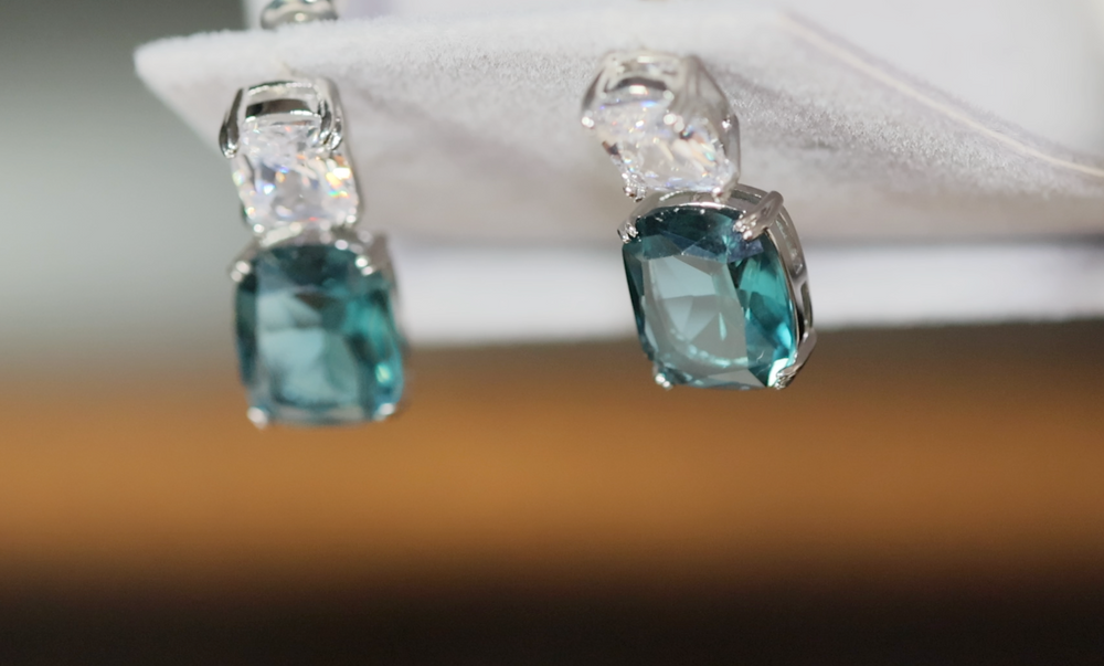 
            
                Load image into Gallery viewer, Teal blue diamond earrings | Green Diamond Earrings | Blue Diamond Earrings
            
        