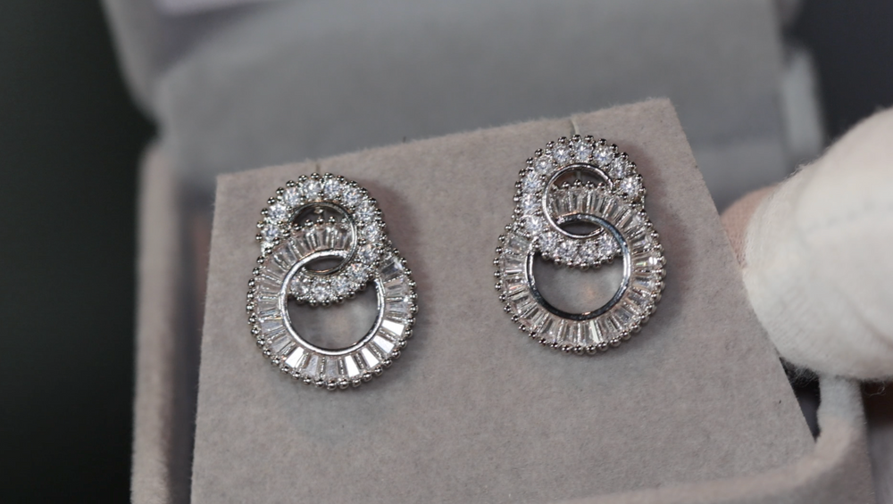 
            
                Load image into Gallery viewer, Diamond Hoop Earrings | Hoop Earrings | Womens Baguette Diamond Earrings | Silver Hoop Earrings with Diamonds | Baguette Hoop Earrings
            
        