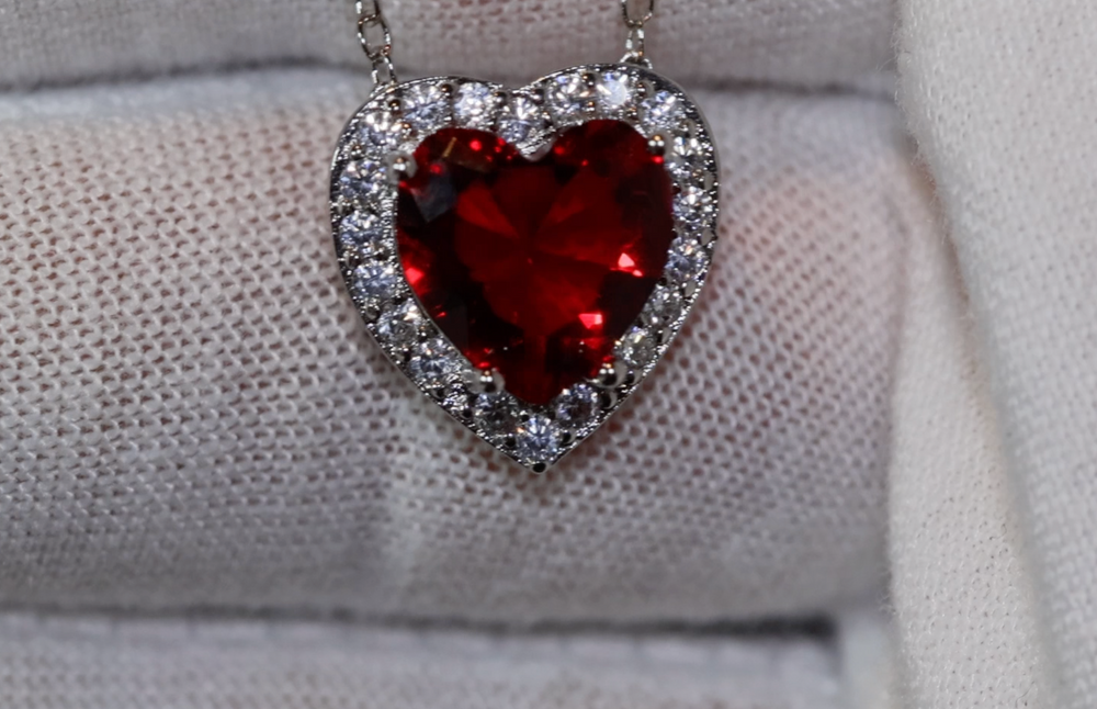 Red Diamond Heart Necklace | Heart Necklace with Diamonds | Diamond Heart Pendant  | Red Diamond Necklace