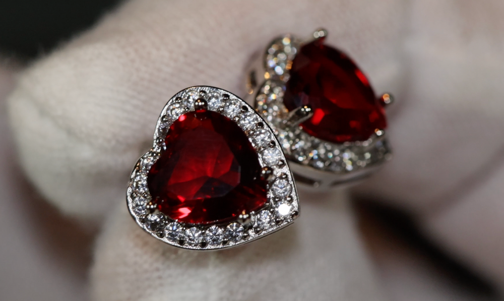 Red Diamond Ear Studs | Heart Ear Studs | Womens Red Diamond Ear Studs