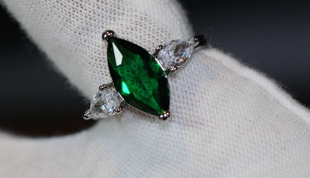 Green marquise diamond ring, Emerald green diamond ring