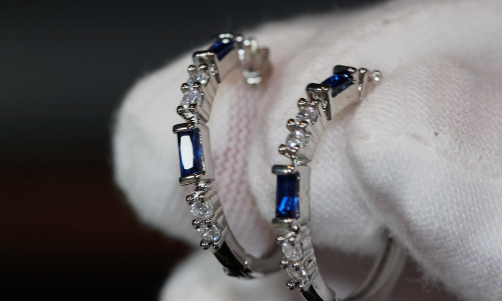 Blue Diamond Hoop Earrings | Blue Diamond Earrings | Sapphire Earrings | Hoop Earrings