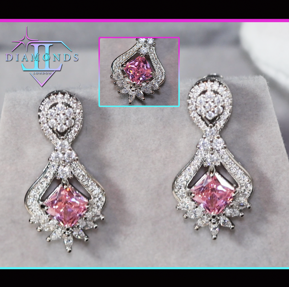 Drop Earrings | Princess Cut Diamond Earrings | Pink Diamond Earrings | Classy Diamond Earrings | Womens Earrings | Dangle Earrings