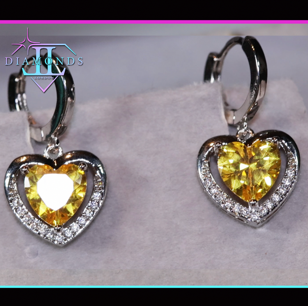 Diamond Earrings | Heart Earrings | Yellow Diamond Heart Earrings | Womens Earrings | Heart earrings with Yellow  Diamonds | Hoop Earrings