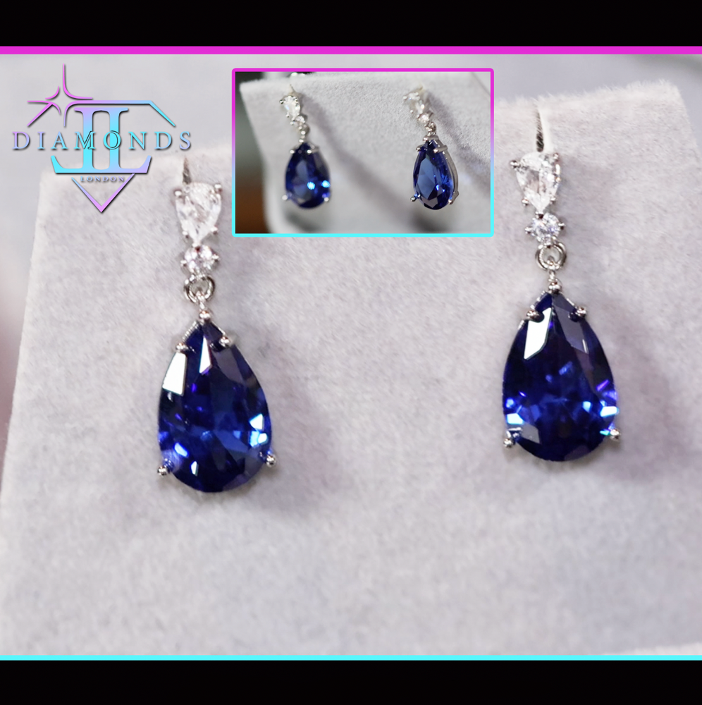 Sapphire blue pear cut diamond earrings