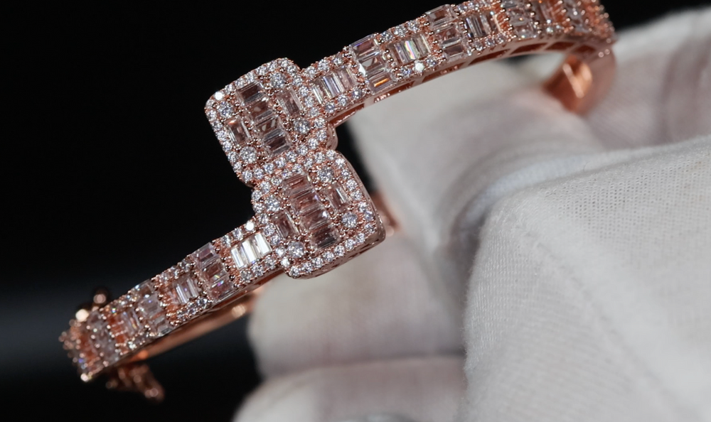 Rose Gold Baguette Cut Diamond Bracelet | Iced Out Bracelet | Baguette Bangle