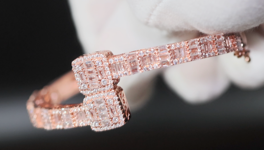 Rose Gold Baguette Cut Diamond Bracelet | Iced Out Bracelet | Baguette Bangle