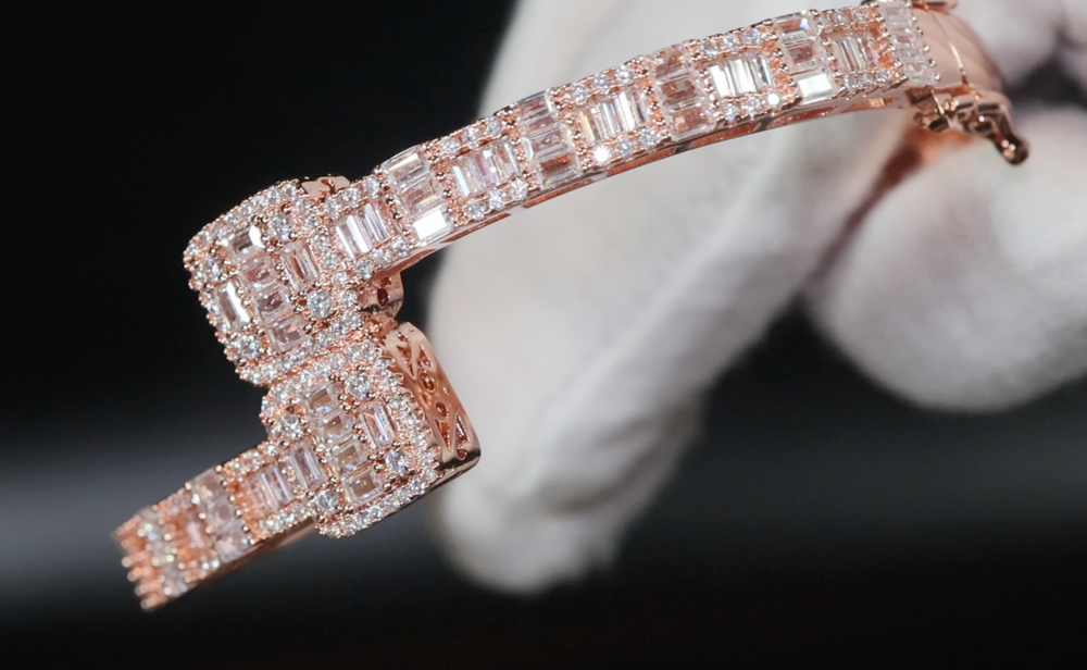 Rose Gold Baguette Cut Diamond Bracelet | Iced Out Bracelet | Baguette Bangle