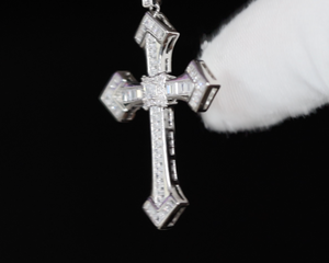 Iced Out Cross Pendant | Silver Baguette Diamond Cross Pendant