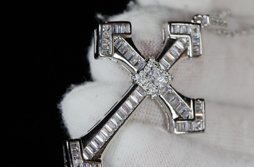 Iced Out Cross Pendant | Silver Baguette Diamond Cross Pendant