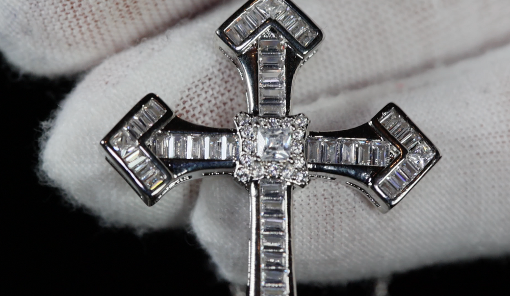 Iced Out Cross Pendant | Silver Baguette Diamond Cross Pendant