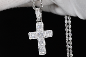 Baguette Diamond Cross Pendant | Silver Cross Pendant | Baguette Cross Pendant