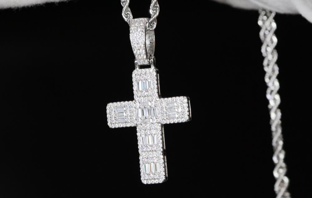 Baguette Diamond Cross Pendant | Silver Cross Pendant | Baguette Cross Pendant