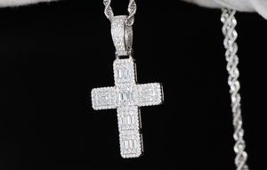 Baguette Diamond Cross Pendant | Silver Cross Pendant | Baguette Cross Pendant