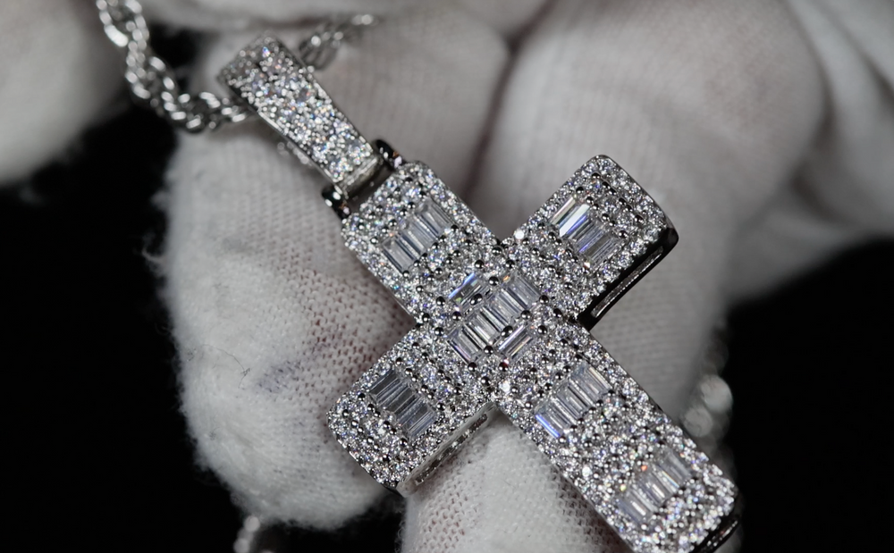 Baguette Diamond Cross Pendant | Silver Cross Pendant | Baguette Cross Pendant