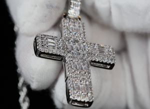 Baguette Diamond Cross Pendant | Silver Cross Pendant | Baguette Cross Pendant