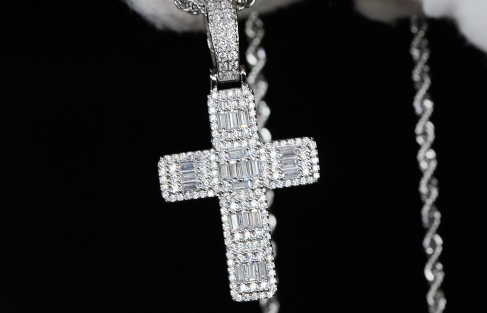 Baguette Diamond Cross Pendant | Silver Cross Pendant | Baguette Cross Pendant
