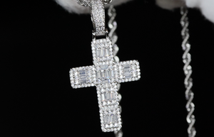 Baguette Diamond Cross Pendant | Silver Cross Pendant | Baguette Cross Pendant