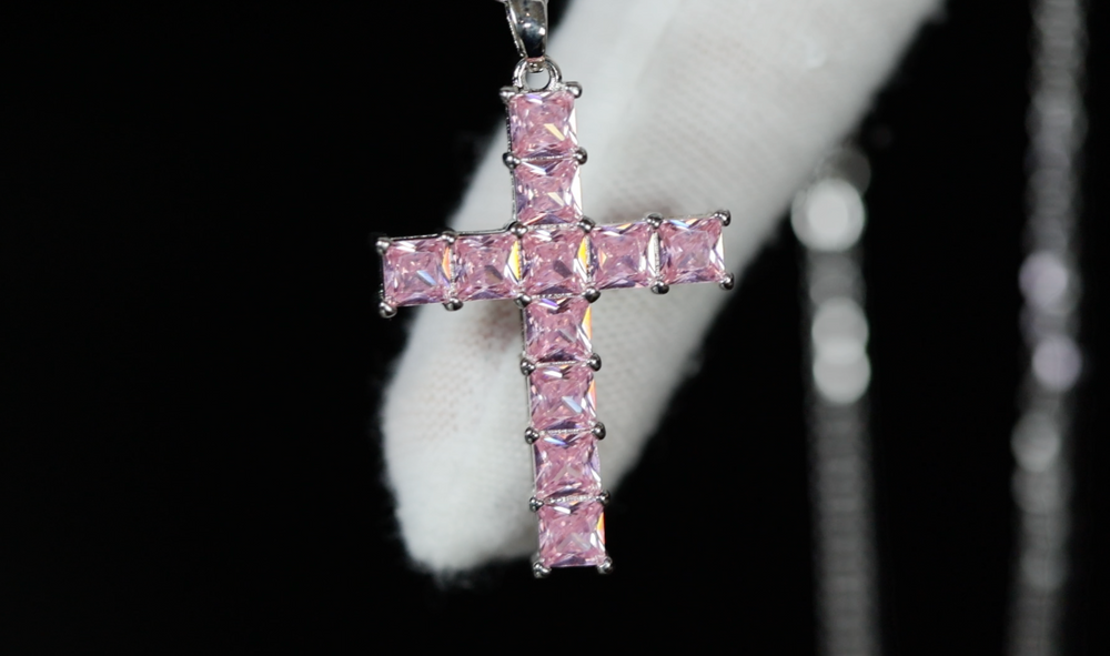 Pink Diamond Cross Pendant | Pink Princess Cut Diamond Cross Pendant