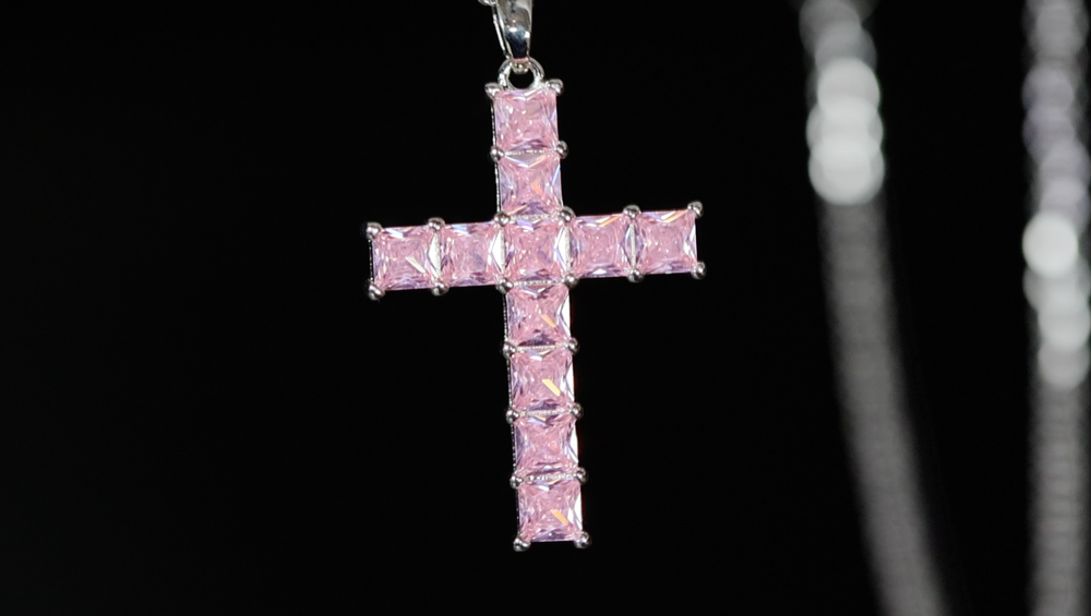 Pink Diamond Cross Pendant | Pink Princess Cut Diamond Cross Pendant