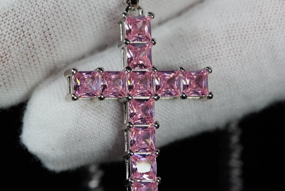 Pink Diamond Cross Pendant | Pink Princess Cut Diamond Cross Pendant