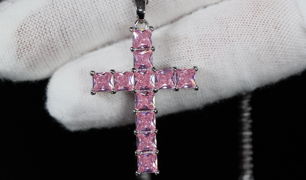 Pink Diamond Cross Pendant | Pink Princess Cut Diamond Cross Pendant