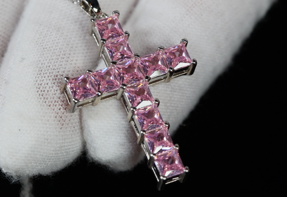 Pink Diamond Cross Pendant | Pink Princess Cut Diamond Cross Pendant