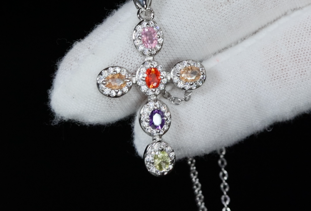 Rainbow Diamond Cross Pendant | Coloured Diamond Cross Pendant