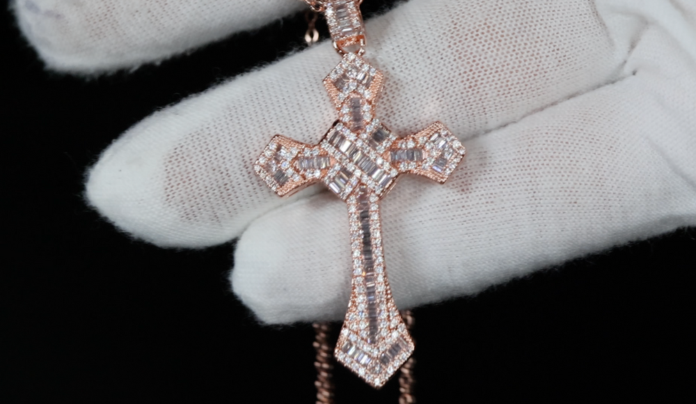 Hip Hop Cross Necklace | Rose Gold Baguette Diamond Cross Pendant | Iced Out Cross Pendant