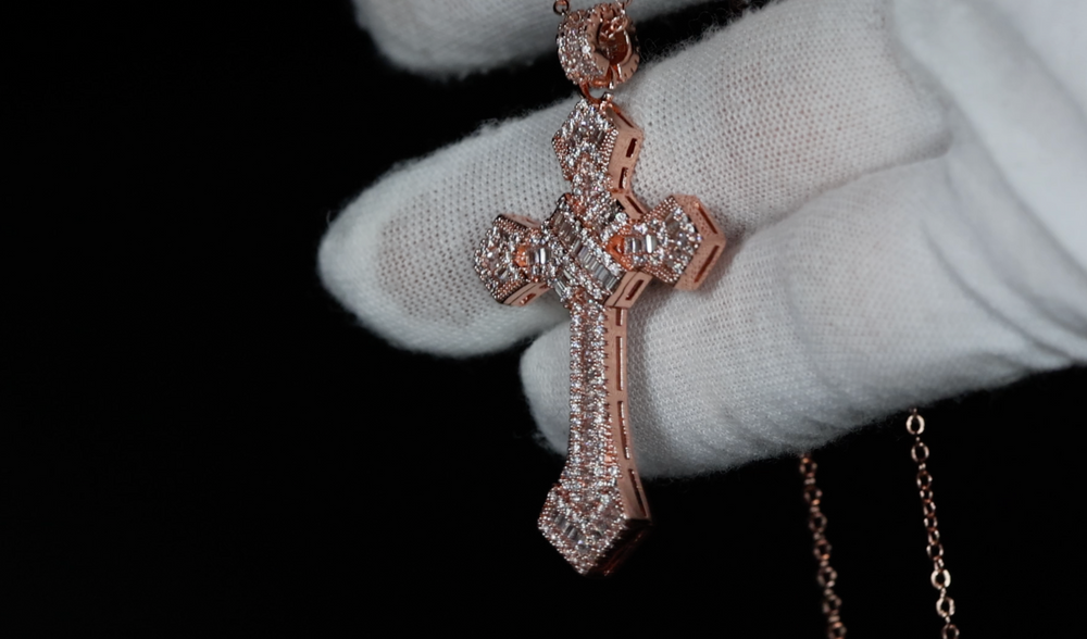 Hip Hop Cross Necklace | Rose Gold Baguette Diamond Cross Pendant | Iced Out Cross Pendant