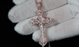 Hip Hop Cross Necklace | Rose Gold Baguette Diamond Cross Pendant | Iced Out Cross Pendant