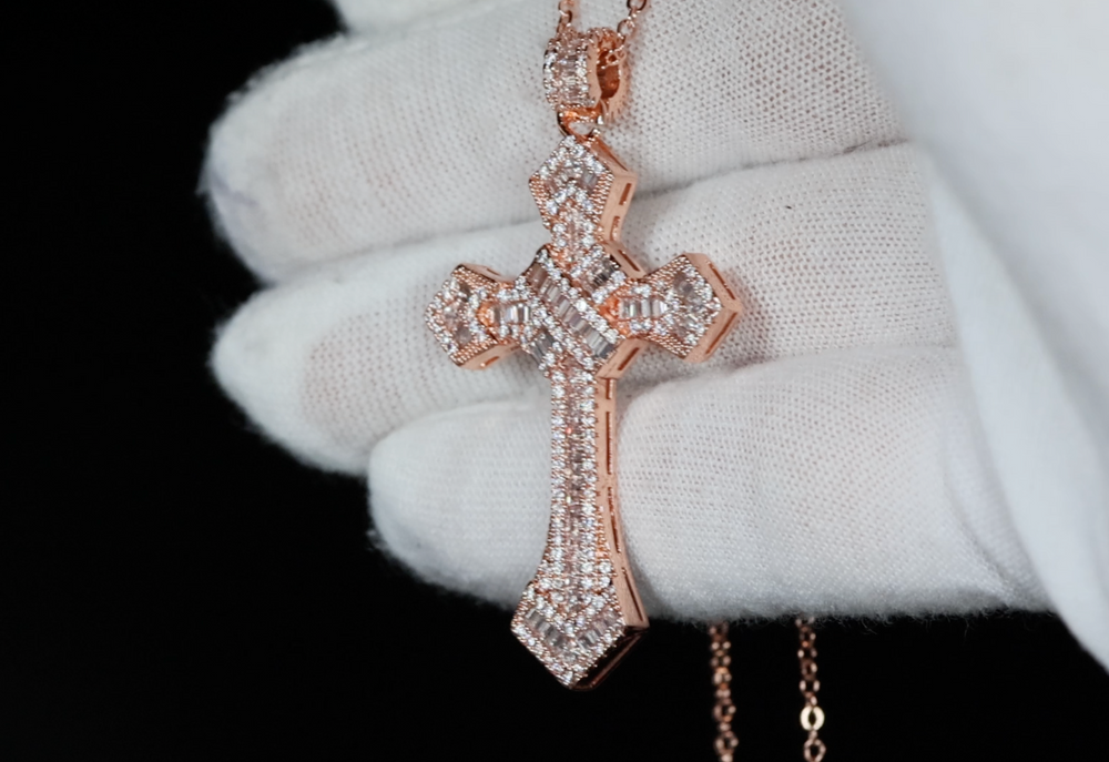 Hip Hop Cross Necklace | Rose Gold Baguette Diamond Cross Pendant | Iced Out Cross Pendant