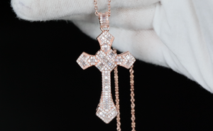 Hip Hop Cross Necklace | Rose Gold Baguette Diamond Cross Pendant | Iced Out Cross Pendant