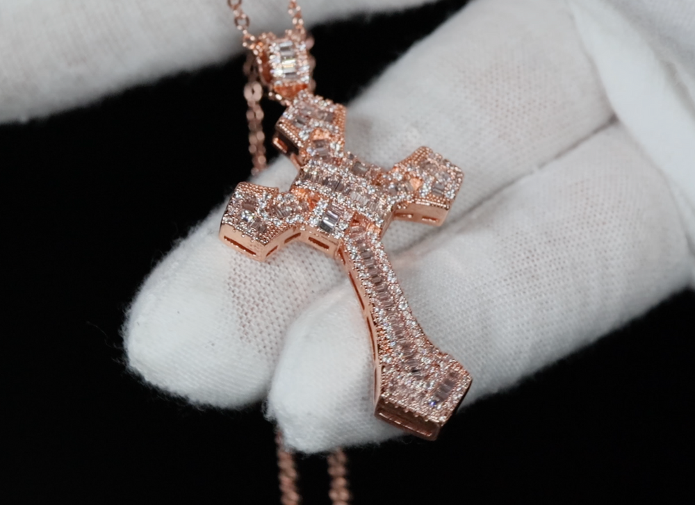 Hip Hop Cross Necklace | Rose Gold Baguette Diamond Cross Pendant | Iced Out Cross Pendant