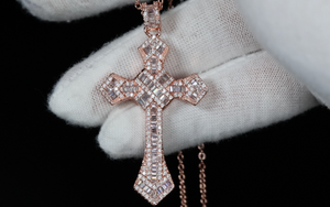 Hip Hop Cross Necklace | Rose Gold Baguette Diamond Cross Pendant | Iced Out Cross Pendant