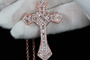 Hip Hop Cross Necklace | Rose Gold Baguette Diamond Cross Pendant | Iced Out Cross Pendant