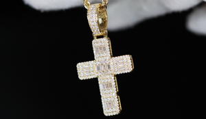 Gold Cross Necklace | Gold Baguette Diamond Cross Pendant | Gold Iced Out Cross Pendant