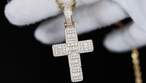 Gold Cross Necklace | Gold Baguette Diamond Cross Pendant | Gold Iced Out Cross Pendant