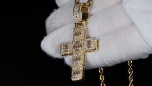 Gold Cross Necklace | Gold Baguette Diamond Cross Pendant | Gold Iced Out Cross Pendant