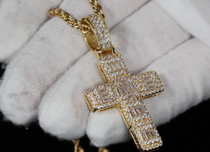 Gold Cross Necklace | Gold Baguette Diamond Cross Pendant | Gold Iced Out Cross Pendant