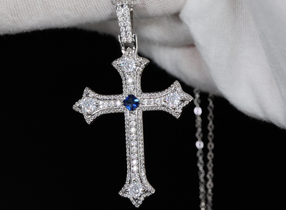 Silver Diamond Cross Pendant and Necklace | Cross Chain for Men | Iced Out Cross Pendant