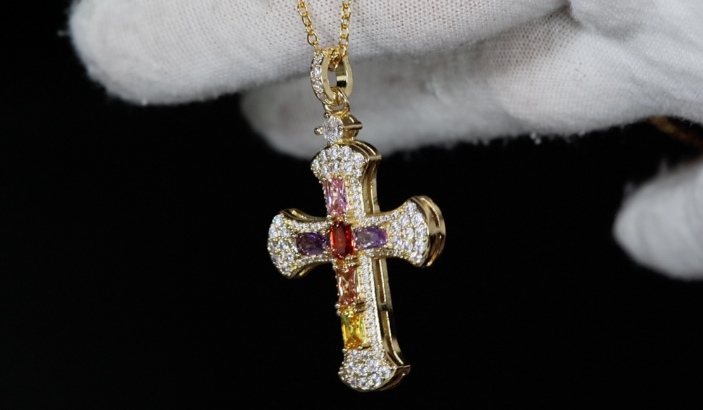 Rainbow Diamond Cross Pendant | Multi-Coloured Diamond Cross Pendant