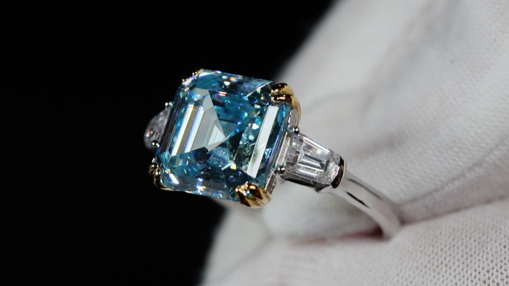 10.00ct Blue Diamond Ring | Silver Blue Asscher Cut Diamond Ring