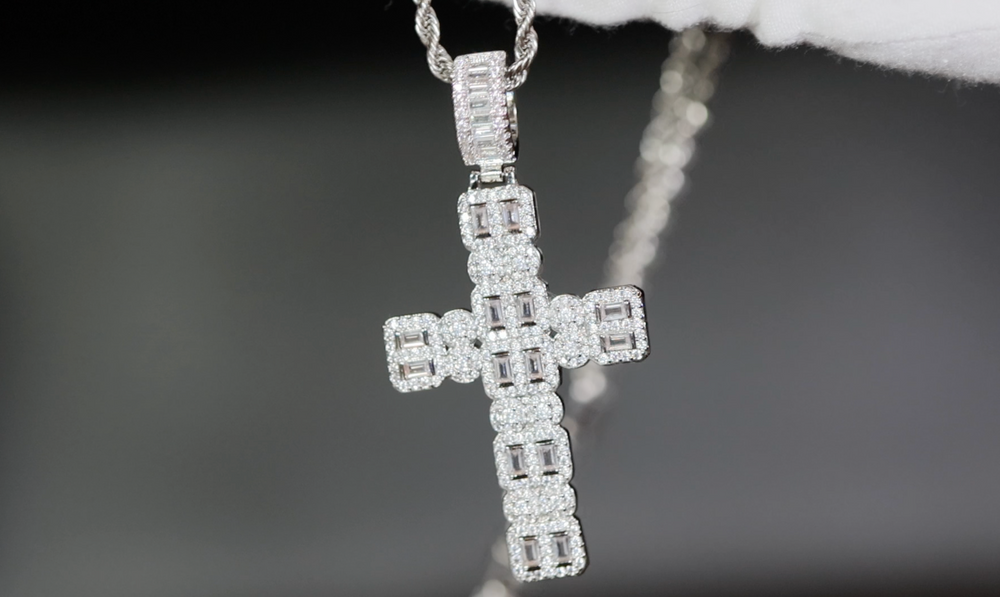 Big Silver Diamond Cross Pendant | Mens Big Hip Hop Cross Pendant | Iced Out Cross Pendant