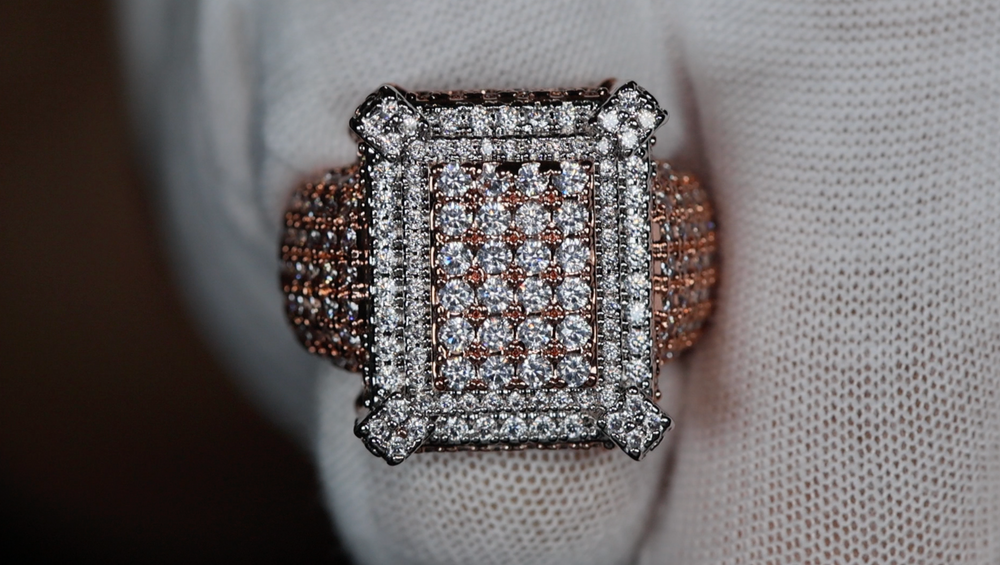 Mens Iced Out Ring | Mens Big Rose Gold Diamond Ring