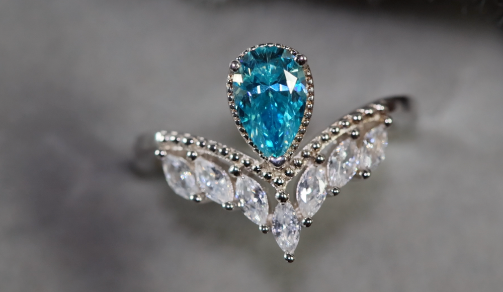 blue moissanite diamond ring