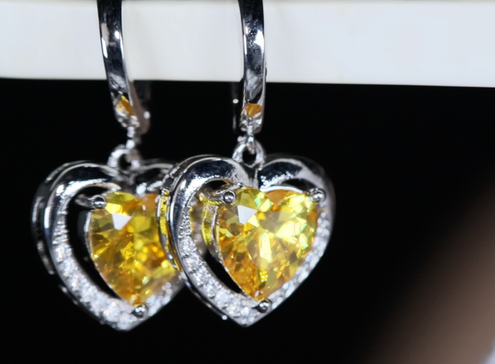 Diamond Earrings | Heart Earrings | Yellow Diamond Heart Earrings | Womens Earrings | Heart earrings with Yellow  Diamonds | Hoop Earrings