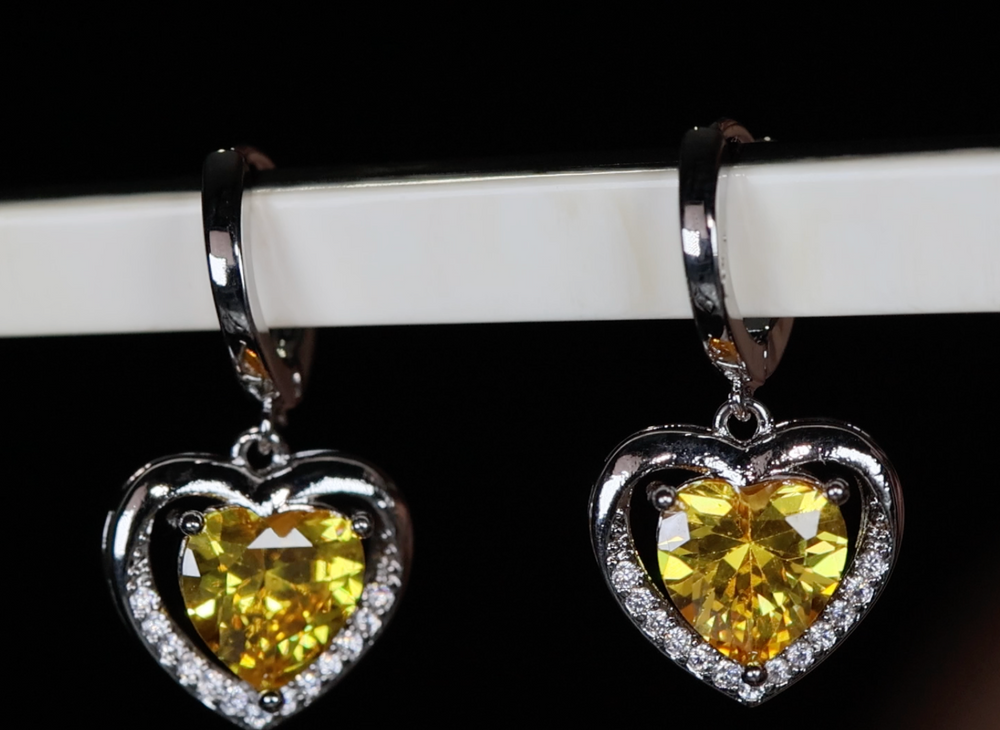 Diamond Earrings | Heart Earrings | Yellow Diamond Heart Earrings | Womens Earrings | Heart earrings with Yellow  Diamonds | Hoop Earrings